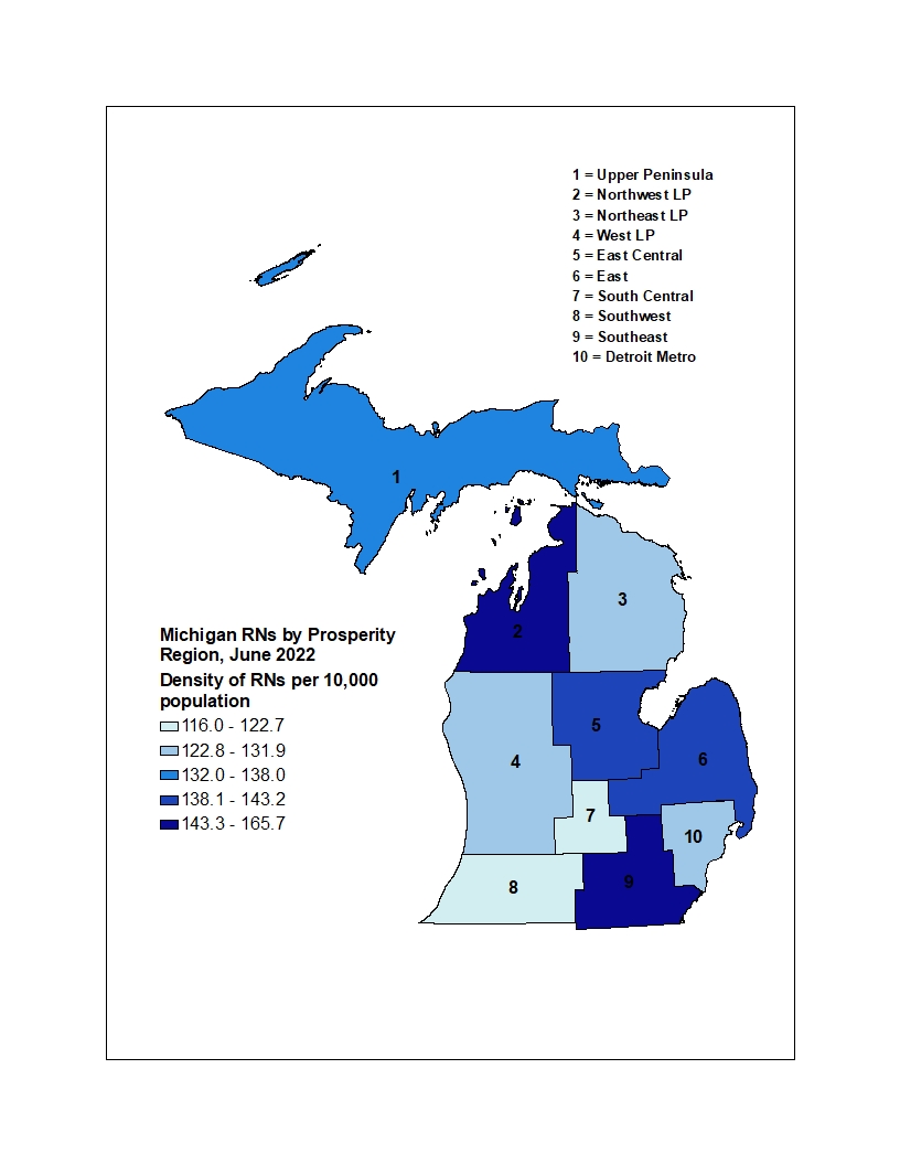 Michigan map of RNs by prosperity region in 2022